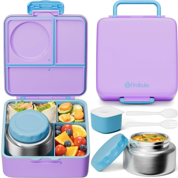 Bento Lunch Box with 8.5oz Insulated Thermos Food Jar, Utensils & Sauce Jar, 3 or 4 Compartment Container, Cotton Candy