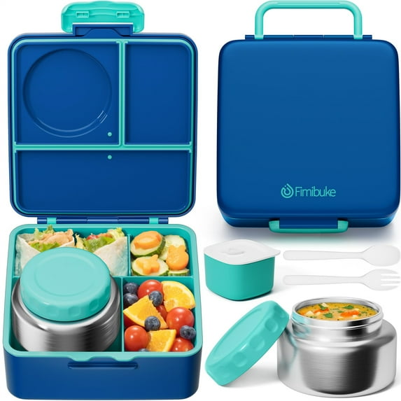 Bento Lunch Box with 8.5oz Insulated Thermos Food Jar, Utensils & Sauce Jar, 3 or 4 Compartment Container, Nautica Blue