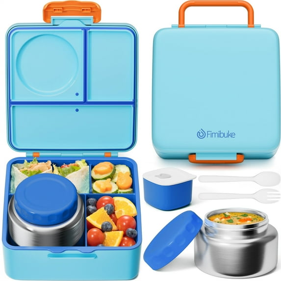 Bento Lunch Box with 8.5oz Insulated Thermos Food Jar, Utensils & Sauce Jar, 3 or 4 Compartment Container, Ocean Life
