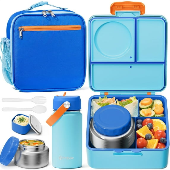 Bento Lunch Box with Thermos, Leakproof Bento Box with 8.5 OZ Insulated Food Jar, Lunch Bag, Water Bottle, 3 or 4 Compartment Container, Ocean Life