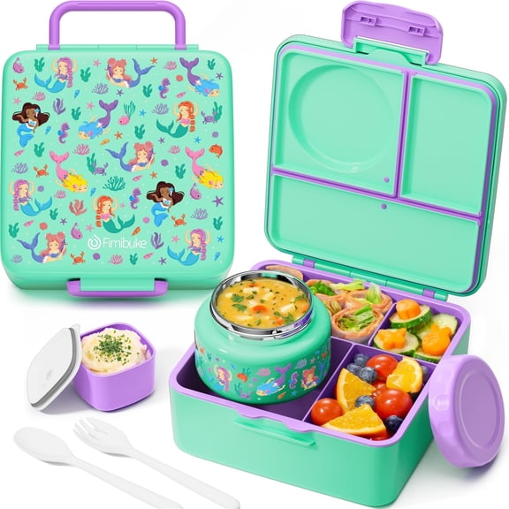 Bento Lunch Boxes, 60oZ Bento Box, Reusable Lunch Box with 3-4 Compartments Meal Prep Containers, Snack Containers with 8OZ Insulated Food Jar, Sauce Jar, Utensils (Mermaid)