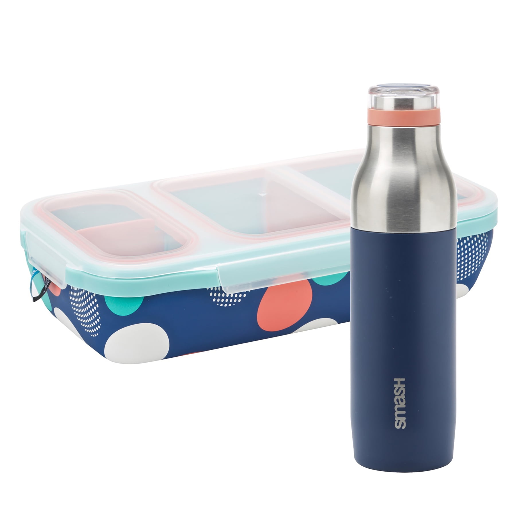 Bento Switch Up lunch box with Bottle. Leakproof with adjustable dividers and 16.9 fl oz Bottle. BPA free, dishwasher safe. Durable, food grade stainless steel. Color/print Misty.