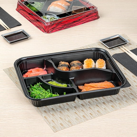 -Bento Tek 26.2 Ounce Meal Prep Containers, 50 Disposable To Go Food Boxes - Lids Sold Separately, 5 Compartments, Black Plastic Bento Lunch Boxes, Microwavable, Freezable
