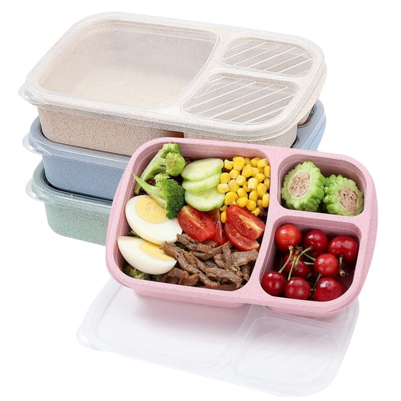 Bento lunch box set 3 compartment, wheat straw meal prep containers for office, picnic, reusable storage containers with lids, microwave and dishwasher safe, stackable design, multicolor 3pcs