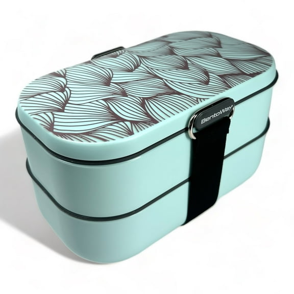BentoWay Stackable - Leak-Proof, Adult Bento Box, All-in-one Stackable Lunch Box, Plastic Utensils, Nylon Sealing Strap, Microwave Safe, BPA Free, Dishwasher Safe (Aqua Blue)