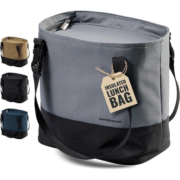 Bentoheaven Insulated Lunch Tote for Work - Durable Materials, Variable Strap/Handle, Wide Opening - Gray