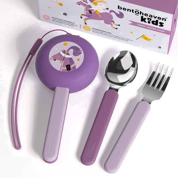 Bentoheaven Kids Travel Utensils with Case, Food-Grade Stainless Steel & BPA-Free Plastic, Travel Cutlery Set,(Horse)