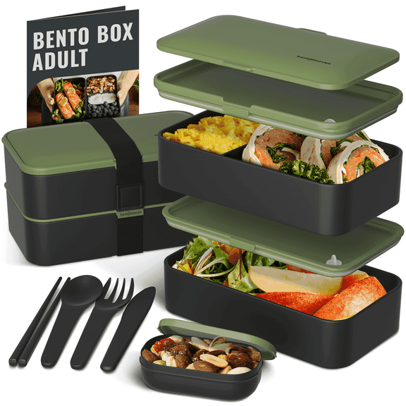 Bentoheaven Premium Bento Box Adult Lunch Box with Compartments for Women & Men, Set of Utensil & Chopsticks & Dip Container, Cute Japanese Bento Lunch Box, Microwavable (Olive Garden)