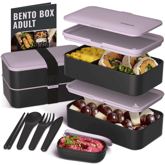 Bentoheaven Premium Bento Box Adult Lunch Box with Compartments for Women & Men, Set of Utensil & Chopsticks & Dip Container, Cute Japanese Kids Bento Lunch Box, Microwavable (Violet Me Go)
