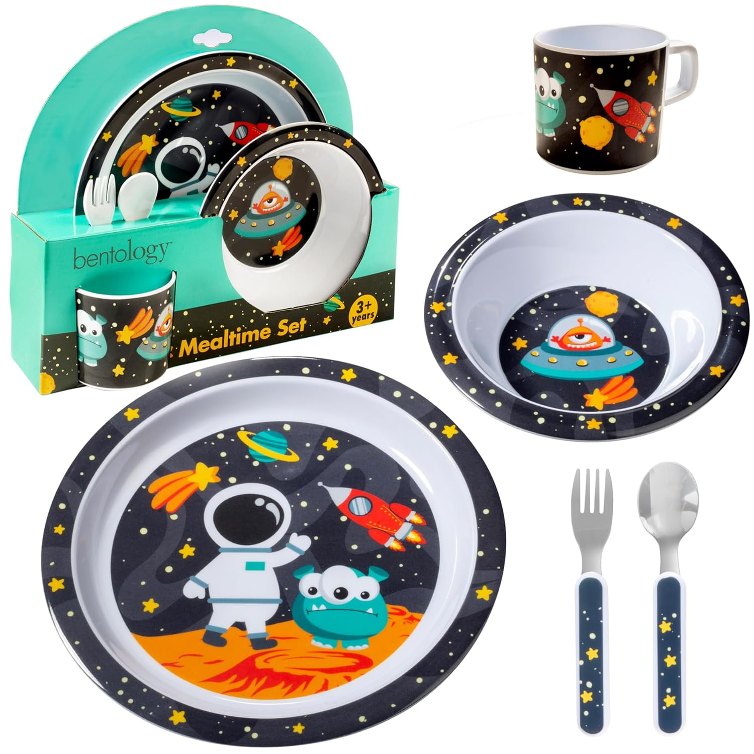 Bentology 5 Pc Mealtime Feeding Set for Kids and Toddlers - Space - Includes Plate, Bowl, Cup, Fork and Spoon Utensil Flatware - Durable, Dishwasher Safe, BPA Free
