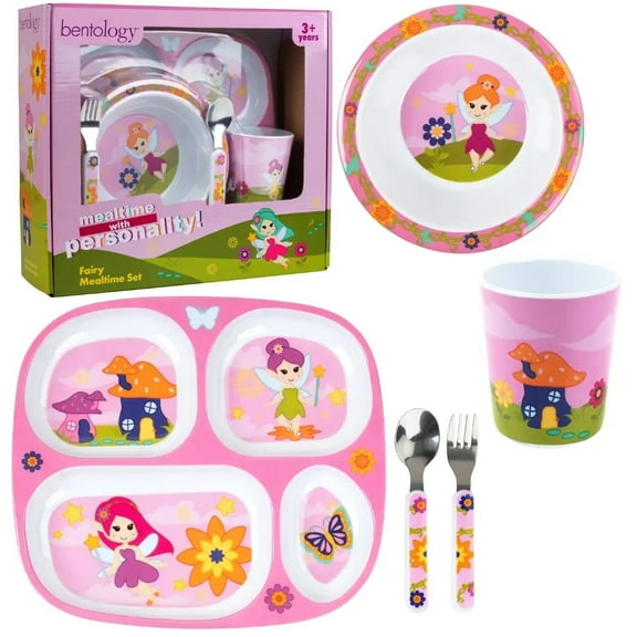 Bentology 5 Pc Mealtime Set for Kids & Toddlers, Fairy Theme-Includes Divided Plate Cup Bowl Fork Spoon-Dishwasher Safe, BPA Free-Cute Compartment Dish to Put Food in 4 Sections for Easy Self-Feeding