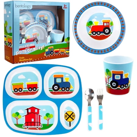 Bentology 5 Pc Mealtime Set for Kids & Toddlers, Train Theme-Includes Divided Plate, Bowl, Fork & Spoon - Dishwasher Safe, Durable, BPA Free-Cute Compartment Dish to Put Food in 4 Sections for Easy