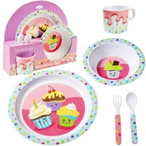 Bentology 5 Piece Mealtime Feeding Set for Kids and Toddlers - Cupcake - Includes Plate, Bowl, Cup, Fork and Spoon Utensil Flatware - Durable, Dishwasher Safe, BPA Free