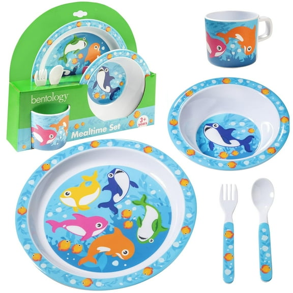 Bentology 5 Piece Mealtime Feeding Set for Kids and Toddlers - Shark - Includes Plate, Bowl, Cup, Fork and Spoon Utensil Flatware - Durable, Dishwasher Safe, BPA Free