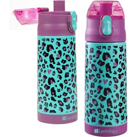Bentology Double Wall Insulated 13oz Reusable Water Bottle for Kids - Cheetah - Spill Proof Lid, Stainless Steel - Keep Liquids Hot/Cold For Hours - Use in Lunch Boxes, Backpack School Bags or Travel