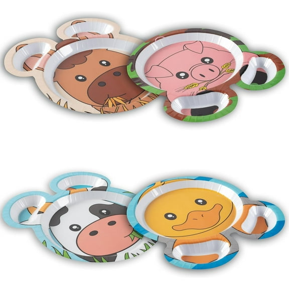 Bentology Farm Friends Mealtime Feeding Plates- Set of 4 Unique Cute Zoo Animal Pal Dishes for Kids- Horse Pig Duck Cow- Divided Compartments for Food Groups & Easy Grabbing, Dishwasher Safe