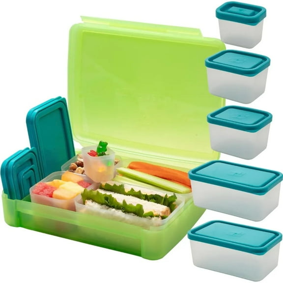 Bentology Green Bento Lunch Box Set w 5 Removable Nesting Containers- Adapt Inner Compartment Portion Sizes-Meal Prep Snack Holders for Back to School, Leakproof Durable & BPA Free- Dishwasher Safe