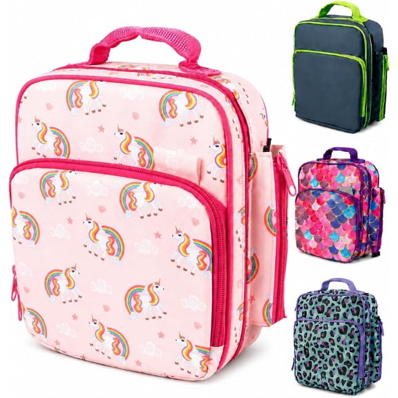 Bentology Insulated Lunch Box w Snack Pocket & Water Bottle Holder-Girls or Kids Unicorn School Lunchbox Tote Keeps Food Hotter or Colder Longer- Reusable Bag Fits Most Bento Boxes, Ice Packs