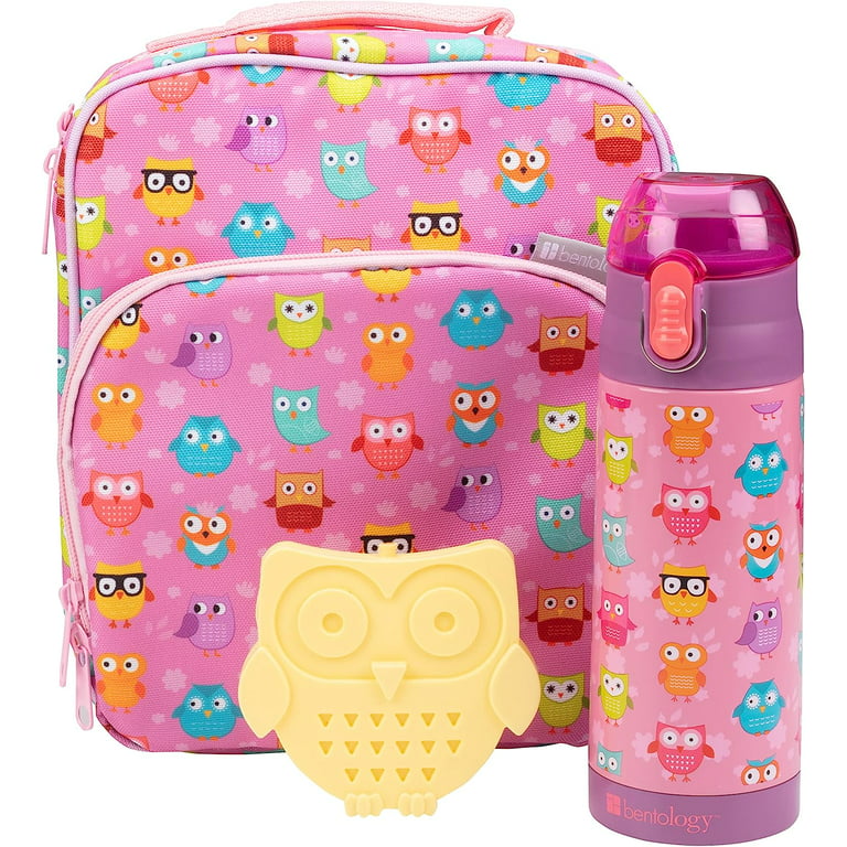 Bentology Kids Lunch Bag Set - Owl - w Reusable Hard Paw Print Ice Pack &  Insulated Water Bottle - Hot or Cold Food for Hours - Perfect Lunchbox Kit