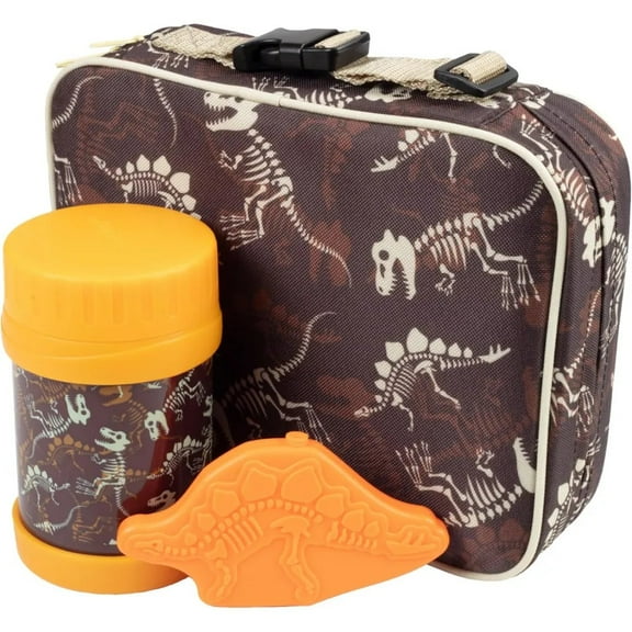 Bentology Kids Lunch Tote Set Dinosaur Orange- Includes Reusable Hard Ice Pack & Stainless Steel Food Jar Thermos-Hot or Cold Food for Hours-Perfect Lunchbox Kit for Boys & Girls, Back to School Boys