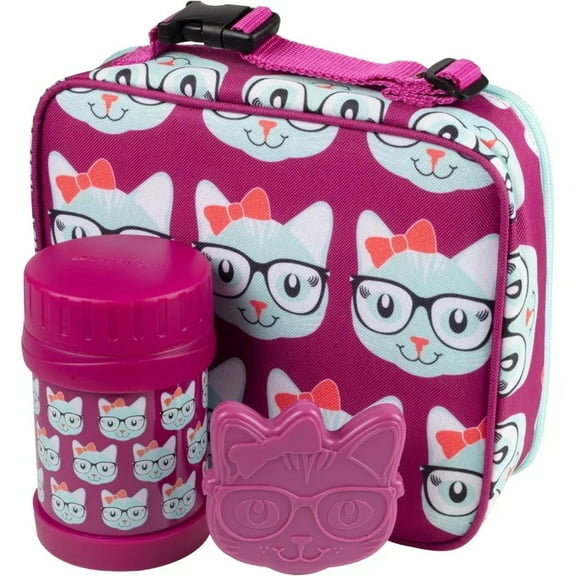 Bentology Kids Lunch Tote Set Kitty Cat Pink & Blue-Includes Reusable Hard Ice Pack & Stainless Steel Food Jar Thermos-Hot or Cold Food for Hours-Perfect Lunchbox Kit for Boys & Girls, Back to School