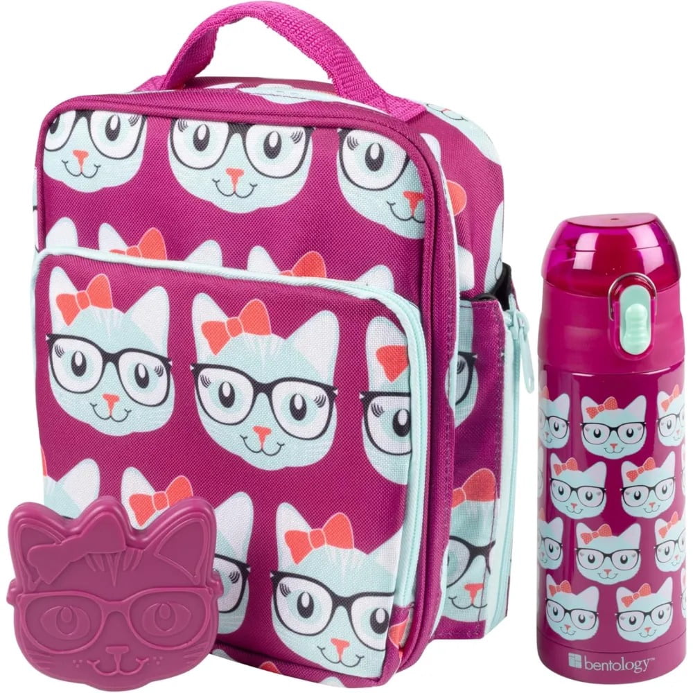 Bentology Lunch Bag Set w Matching Reusable Water Bottle & Hard Ice Pack- Pink Blue Kitty Cat- Insulated Tote, Stainless Steel Insulated Thermos, Hard Ice Pack- Perfect for Kids, Girls & Boys