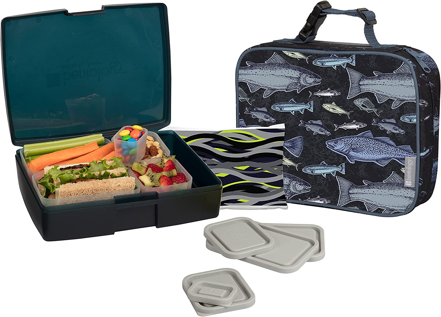 Bentology Lunch Bag and Box Set for Kids - Boys Insulated Lunchbox Tote,  Bento Box, 5 Containers and Ice Pack - 9 Pieces - Fish