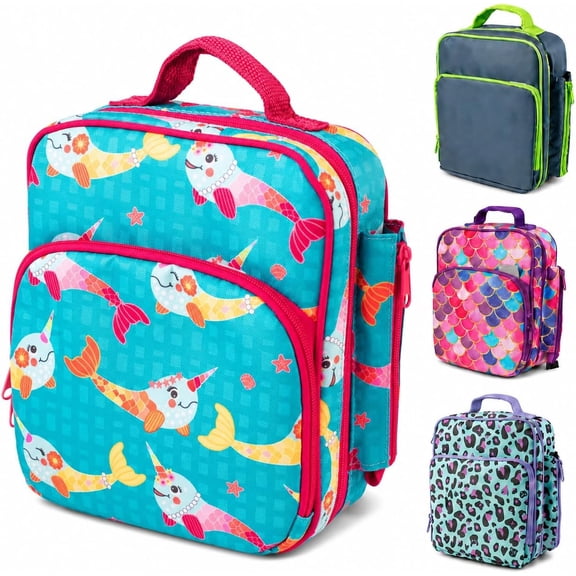 Bentology Narwhal Kids Insulated Lunch Box, Reusable School Lunch Bag Tote with Snack Pocket and Water Bottle Holder, Fits Ice Packs, Ages 3+