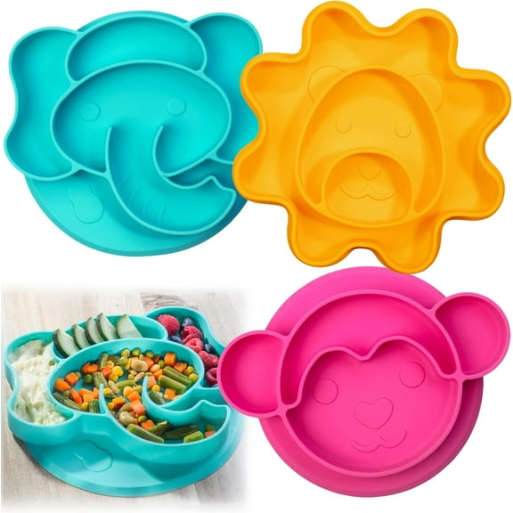 Bentology Silicone Compartment Plates- 3 PK Animal Set (Lion Monkey Elephant)-Divided Sections for Easy Grabbing Baby Food Training, Non-Slip Unbreakable Material, Flexible Shapes for Toddlers, Kids