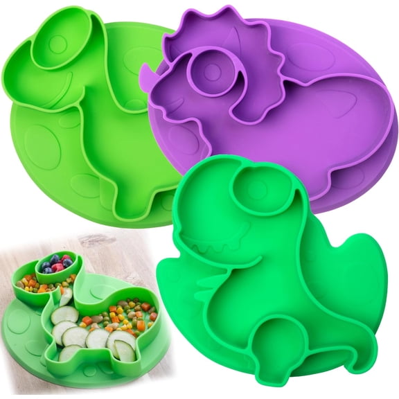 Bentology Silicone Compartment Plates- 3 PK Dinosaurs Set -Divided Sections for Easy Grabbing Baby Food Training- Toddlers, Kids - Great Gift for Parents and Kids