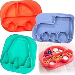 Bentology Silicone Compartment Plates- 3 Pack Vehicle Set (Car Train Rocket)-Divided Sections for Easy Grabbing Baby Food Training, Non-Slip Unbreakable Material, Flexible Shapes for Toddlers, Kids