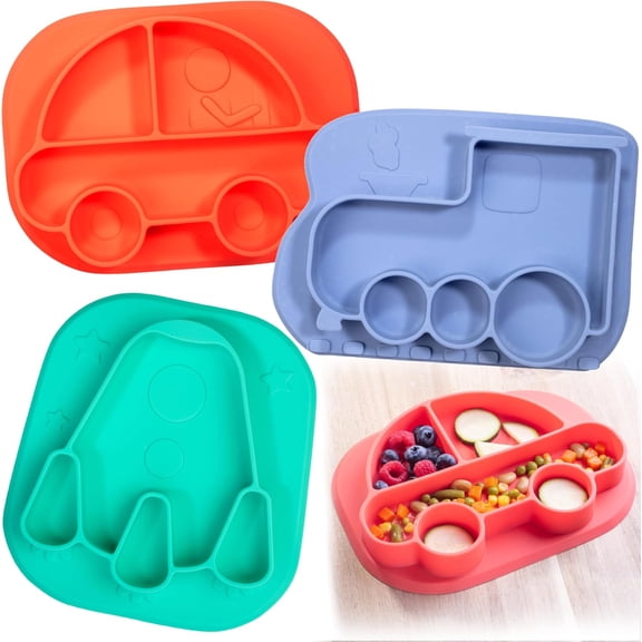 Bentology Silicone Compartment Plates- 3 Pack Vehicle Set (Car Train Rocket)-Divided Sections for Easy Grabbing Baby Food Training, Non-Slip Unbreakable Material, Flexible Shapes for Toddlers, Kids