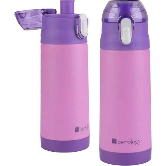 Bentology Stainless Steel 13 oz Insulated Water Bottle (Pink) - Easy to Use for Kids- Reusable Spill Proof BPA-Free, Fits in Most Lunch Boxes for School, Sports, Camps- Keep Drink Cold All Day
