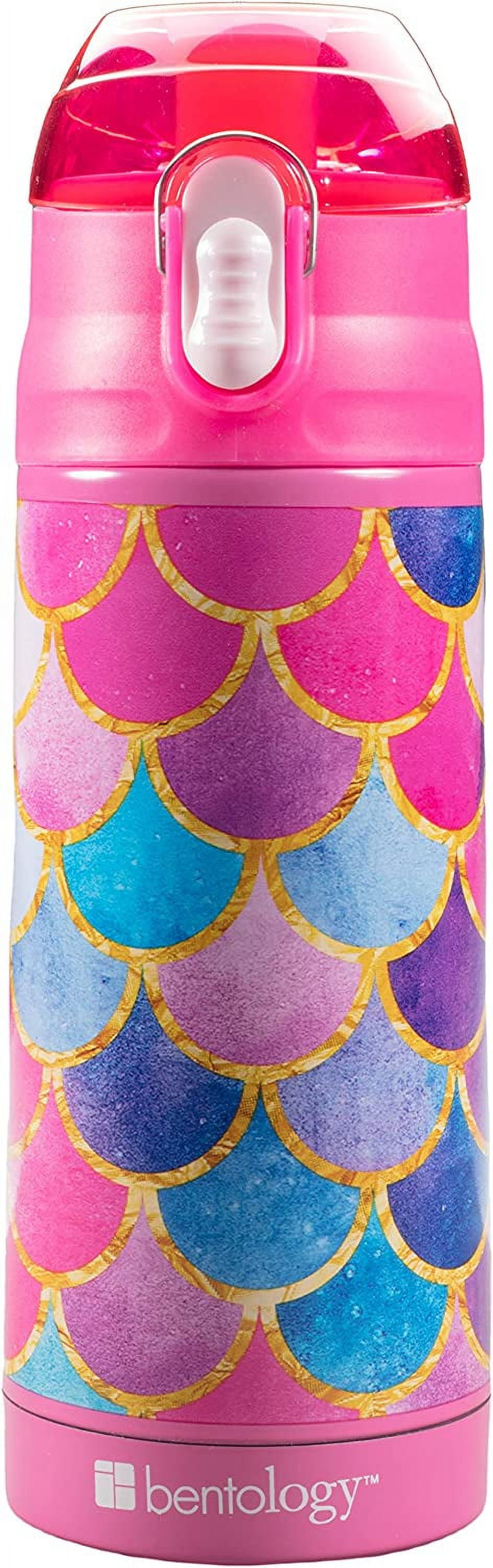 Bentology Stainless Steel 13oz Insulated Kids Water Bottle w Built In Straw- Easy to Open, Reusable BPA-Free, Fits in Most Lunch Boxes for Boys, Girls, School, Sports, Camp - Mermaid