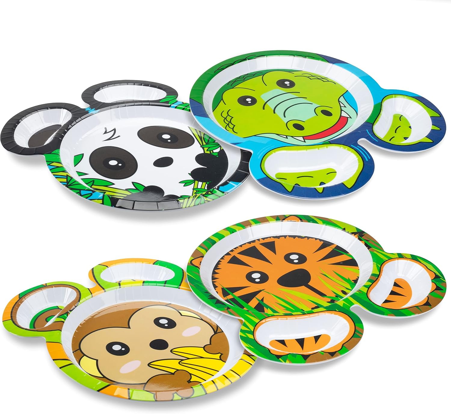 Bentology Zoo Friends Mealtime Melamine Feeding Plates - Set of 4 Different Cute Animal Pal Dishes for Kids - Panda, Alligator, Tiger & Monkey - Divided Compartments, BPA Free