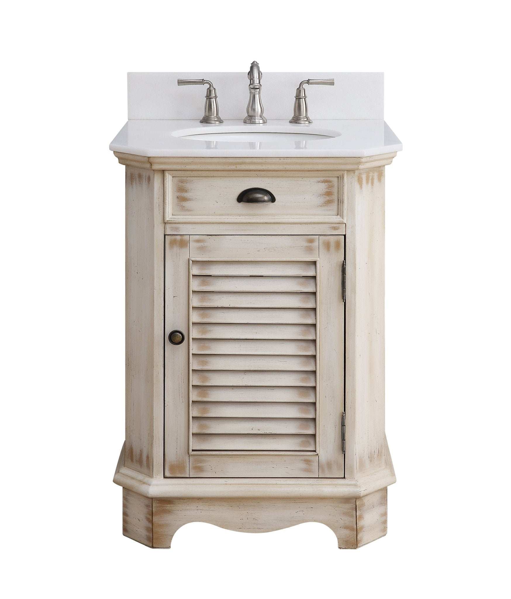 Benton Collection 24" Distressed Beige Farmhouse Bathroom Vanity with White Marble Top