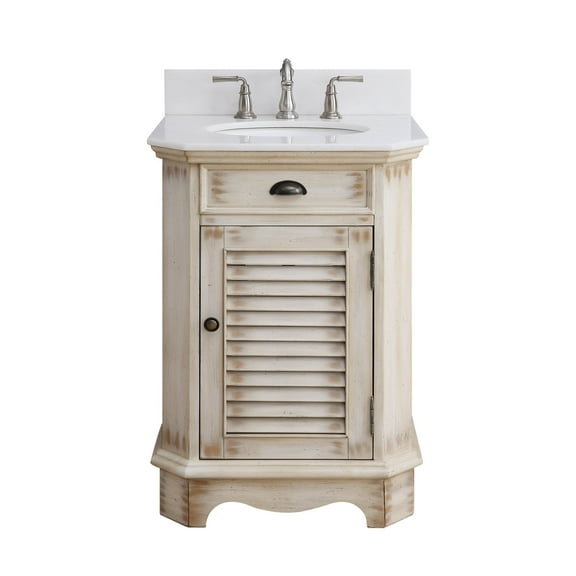 Benton Collection 24" Distressed Beige Farmhouse Bathroom Vanity with White Marble Top
