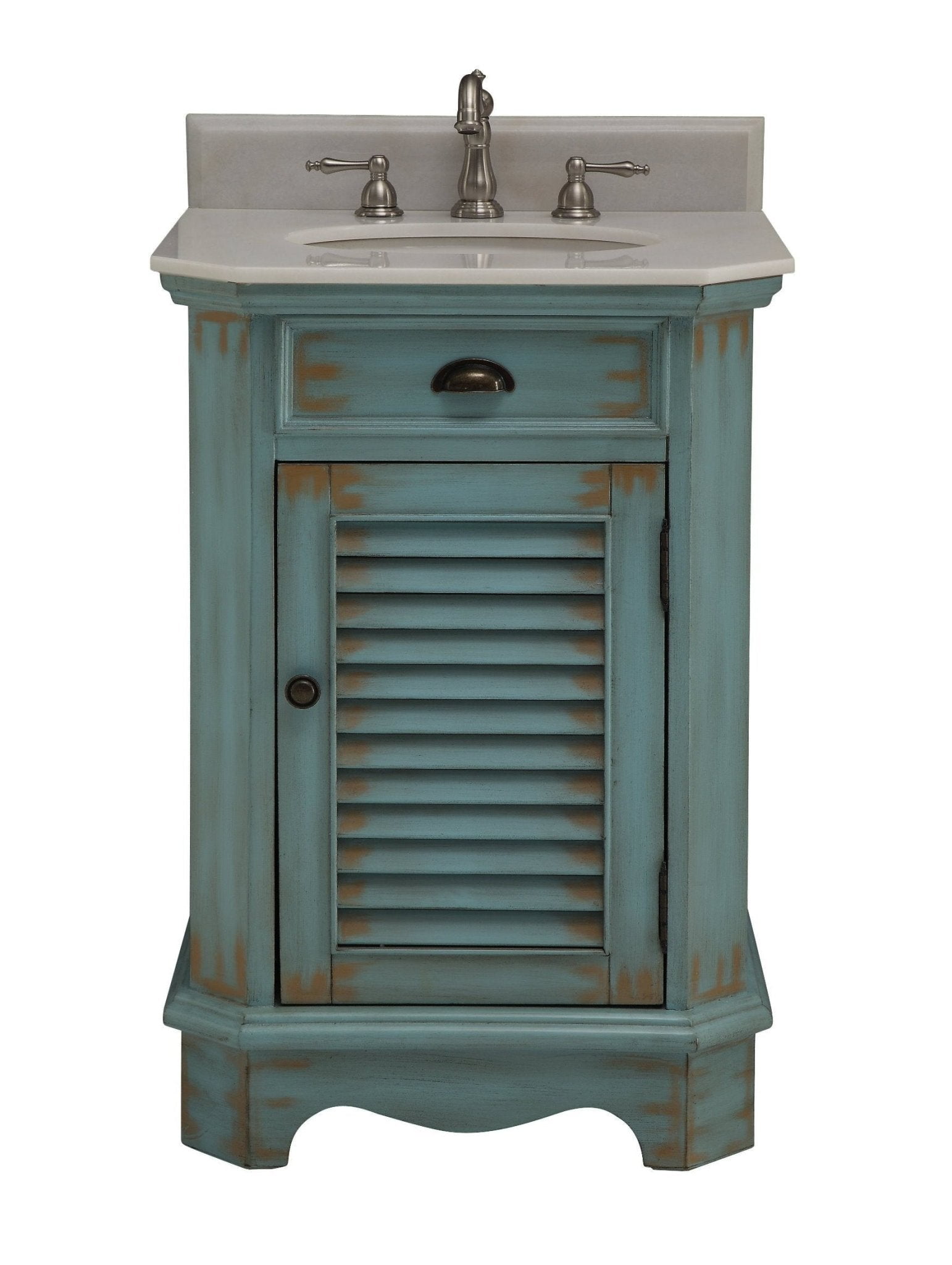 Benton Collection 24" Distressed Blue Bathroom Vanity with White Marble Top
