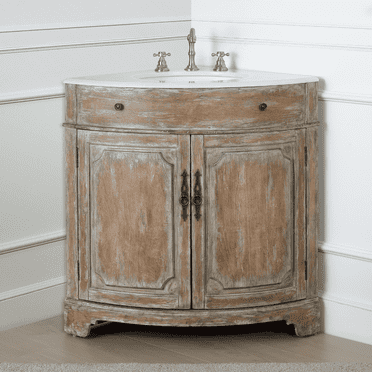Benton Collection 24" Distressed Brown Corner Bathroom Vanity with White Quartz Top