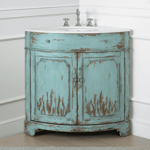 Benton Collection 24" Distressed Light Blue Corner Bathroom Vanity with White Quartz Top