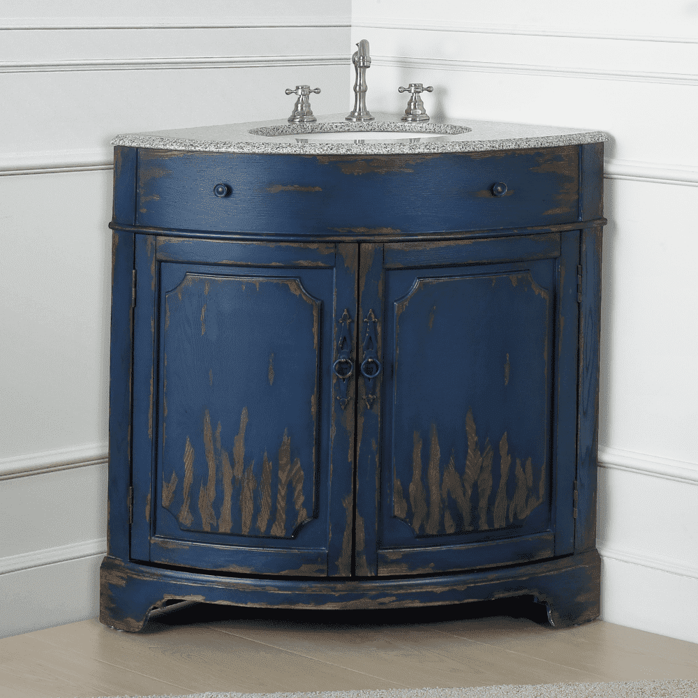 Benton Collection 24" Distressed Navy Blue Corner Bathroom Vanity with White Quartz Top