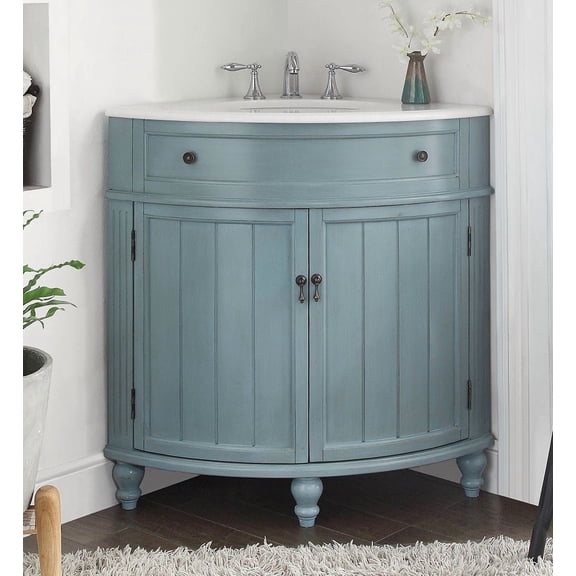 Benton Collection 24" Light Blue Corner Bathroom Vanity with White Quartz Top
