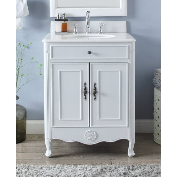 Benton Collection 26" Distressed White Cottage Bathroom Vanity with White Marble Top