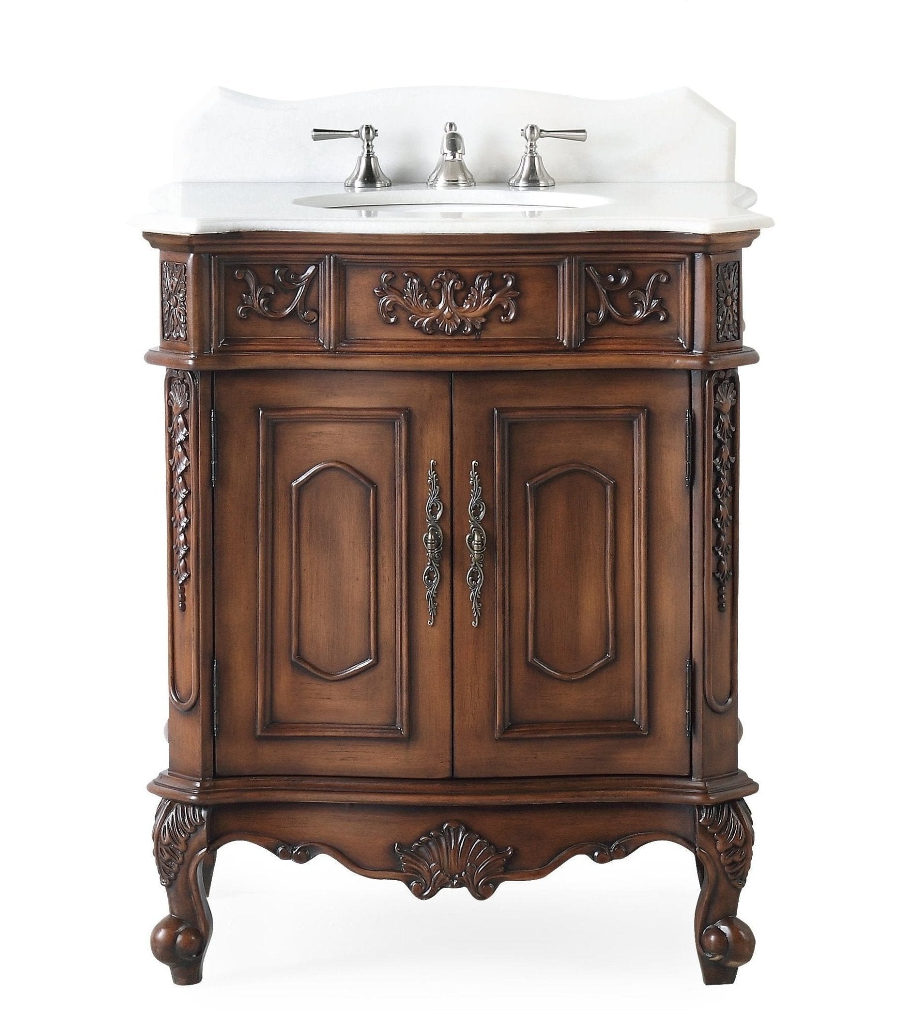Benton Collection 30" Brown Antique Bathroom Vanity with White Marble Top