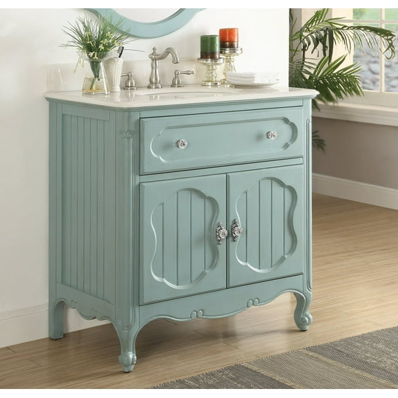 Benton Collection 34" Light Blue Cottage Bathroom Vanity with White Marble Top