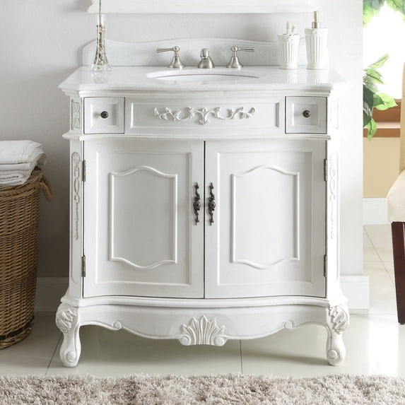 Benton Collection 36" Classic Antique White Bathroom Vanity with White Marble Top