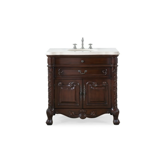 Benton Collection 36" Mahogany Wood Style Bathroom Vanity with Cream Marble Top