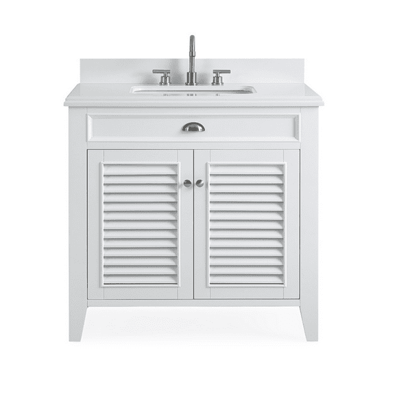 Benton Collection 36" White Louvered Bathroom Vanity with White Quartz Top