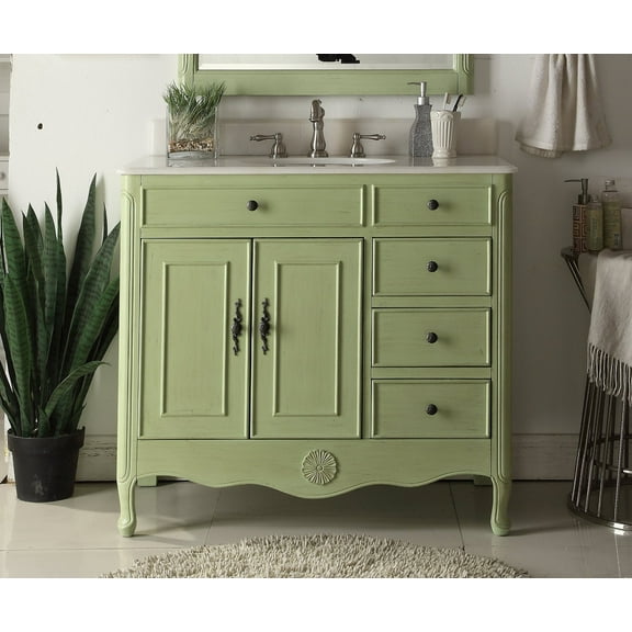 Benton Collection 38" Distressed Green Cottage Bathroom Vanity with White Marble Top