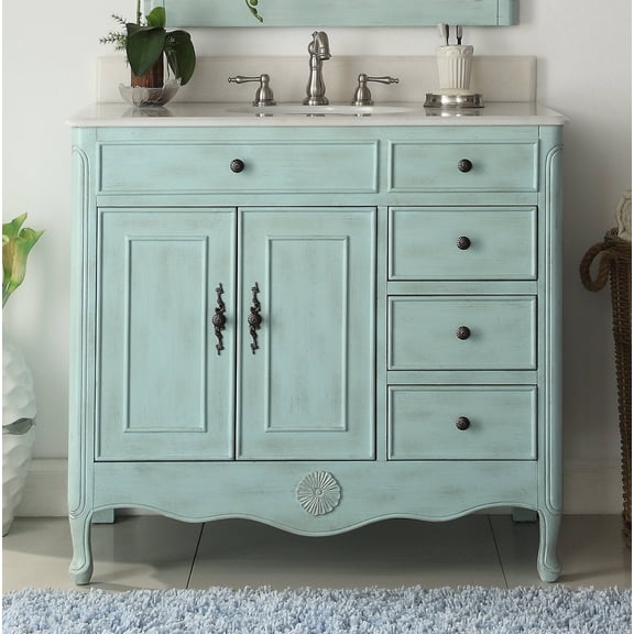 Benton Collection 38" Distressed Light Blue Cottage Bathroom Vanity with White Marble Top
